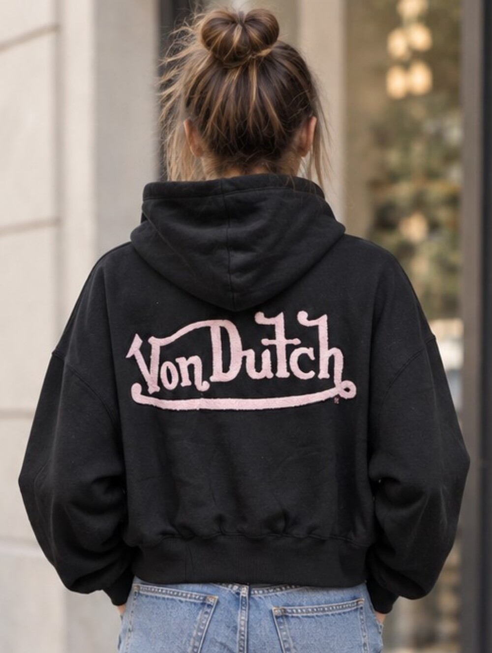 Von Dutch Women’s Black Cropped Zip-Up Hoodie Pink Logo Y2K Streetwear NWT